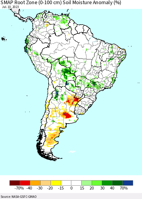 South America SMAP Root Zone (0-100 cm) Soil Moisture Anomaly (%) Thematic Map For 7/6/2023 - 7/10/2023