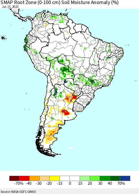 South America SMAP Root Zone (0-100 cm) Soil Moisture Anomaly (%) Thematic Map For 7/11/2023 - 7/15/2023