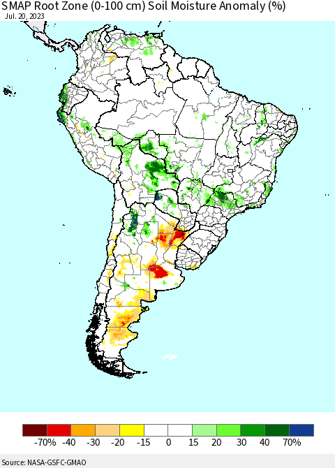 South America SMAP Root Zone (0-100 cm) Soil Moisture Anomaly (%) Thematic Map For 7/16/2023 - 7/20/2023