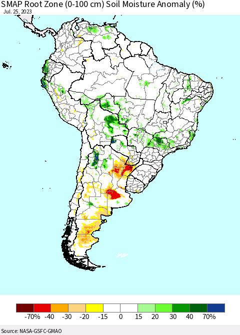 South America SMAP Root Zone (0-100 cm) Soil Moisture Anomaly (%) Thematic Map For 7/21/2023 - 7/25/2023