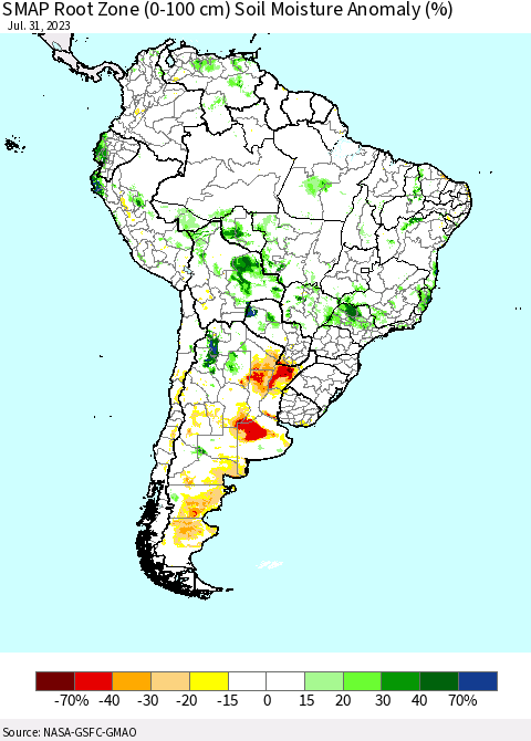 South America SMAP Root Zone (0-100 cm) Soil Moisture Anomaly (%) Thematic Map For 7/26/2023 - 7/31/2023