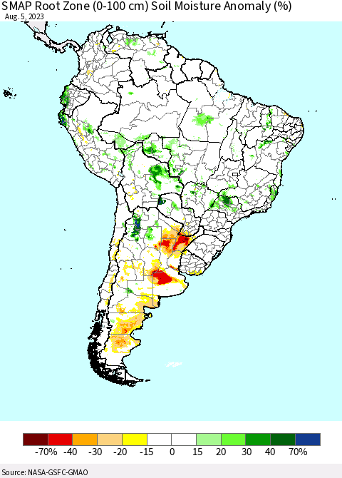 South America SMAP Root Zone (0-100 cm) Soil Moisture Anomaly (%) Thematic Map For 8/1/2023 - 8/5/2023