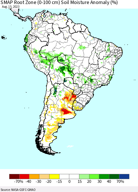 South America SMAP Root Zone (0-100 cm) Soil Moisture Anomaly (%) Thematic Map For 8/11/2023 - 8/15/2023