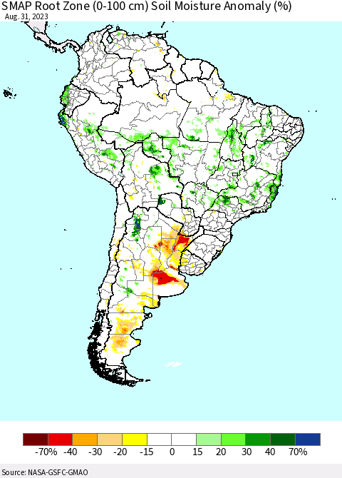 South America SMAP Root Zone (0-100 cm) Soil Moisture Anomaly (%) Thematic Map For 8/26/2023 - 8/31/2023
