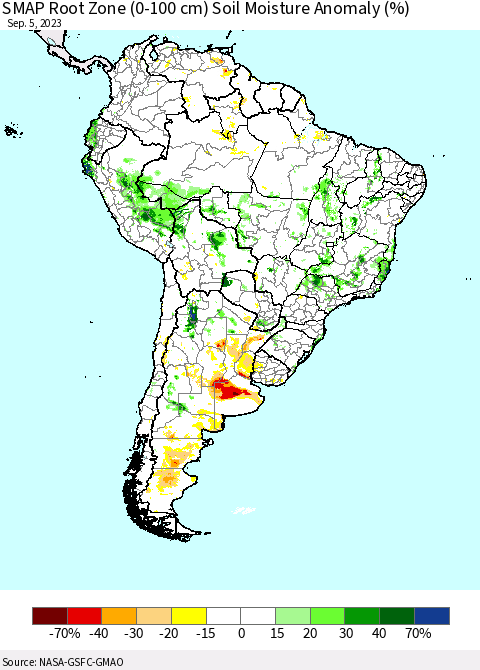 South America SMAP Root Zone (0-100 cm) Soil Moisture Anomaly (%) Thematic Map For 9/1/2023 - 9/5/2023