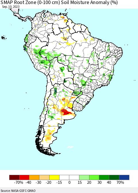 South America SMAP Root Zone (0-100 cm) Soil Moisture Anomaly (%) Thematic Map For 9/6/2023 - 9/10/2023