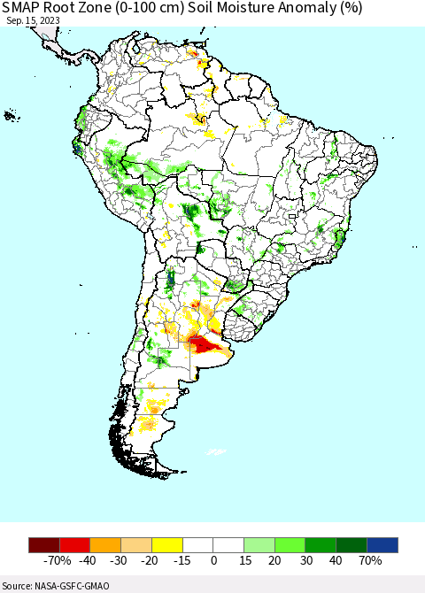 South America SMAP Root Zone (0-100 cm) Soil Moisture Anomaly (%) Thematic Map For 9/11/2023 - 9/15/2023
