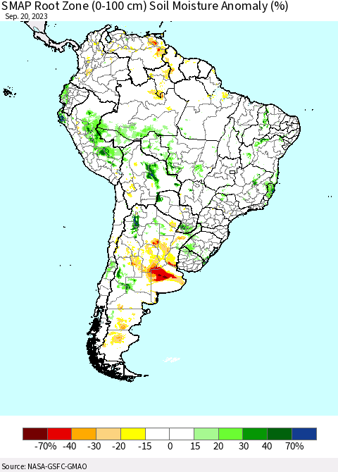 South America SMAP Root Zone (0-100 cm) Soil Moisture Anomaly (%) Thematic Map For 9/16/2023 - 9/20/2023