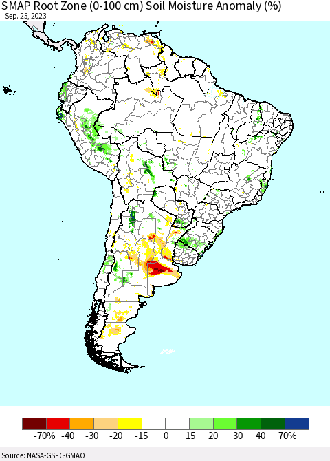 South America SMAP Root Zone (0-100 cm) Soil Moisture Anomaly (%) Thematic Map For 9/21/2023 - 9/25/2023
