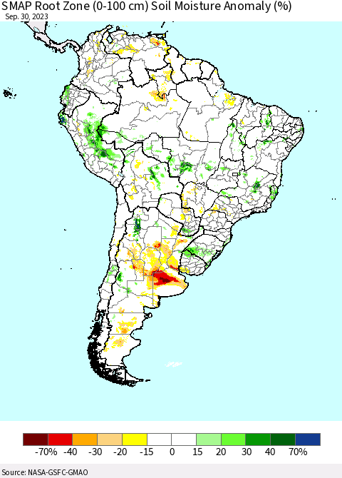 South America SMAP Root Zone (0-100 cm) Soil Moisture Anomaly (%) Thematic Map For 9/26/2023 - 9/30/2023