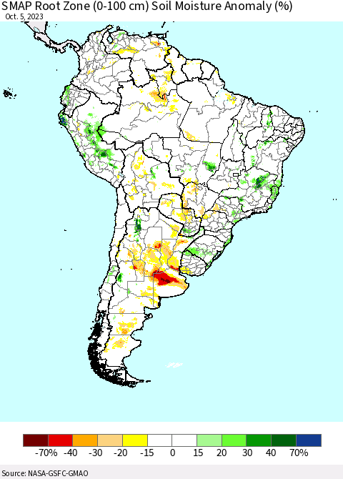 South America SMAP Root Zone (0-100 cm) Soil Moisture Anomaly (%) Thematic Map For 10/1/2023 - 10/5/2023