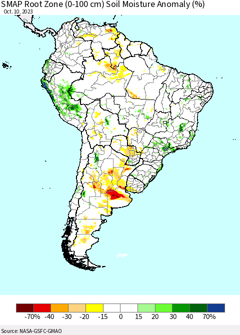 South America SMAP Root Zone (0-100 cm) Soil Moisture Anomaly (%) Thematic Map For 10/6/2023 - 10/10/2023