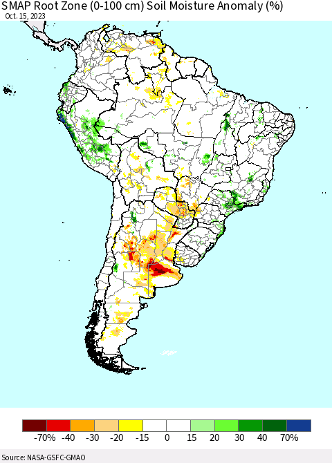 South America SMAP Root Zone (0-100 cm) Soil Moisture Anomaly (%) Thematic Map For 10/11/2023 - 10/15/2023