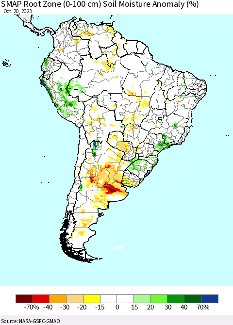 South America SMAP Root Zone (0-100 cm) Soil Moisture Anomaly (%) Thematic Map For 10/16/2023 - 10/20/2023