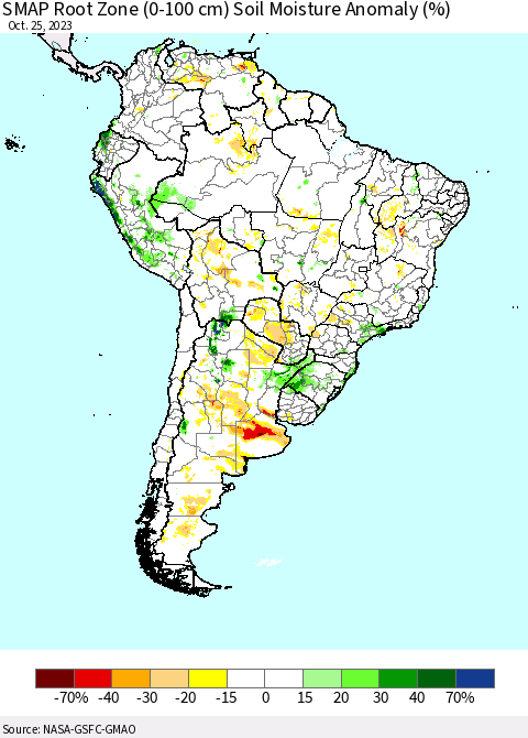 South America SMAP Root Zone (0-100 cm) Soil Moisture Anomaly (%) Thematic Map For 10/21/2023 - 10/25/2023