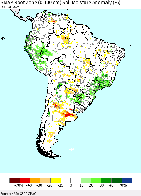 South America SMAP Root Zone (0-100 cm) Soil Moisture Anomaly (%) Thematic Map For 10/26/2023 - 10/31/2023