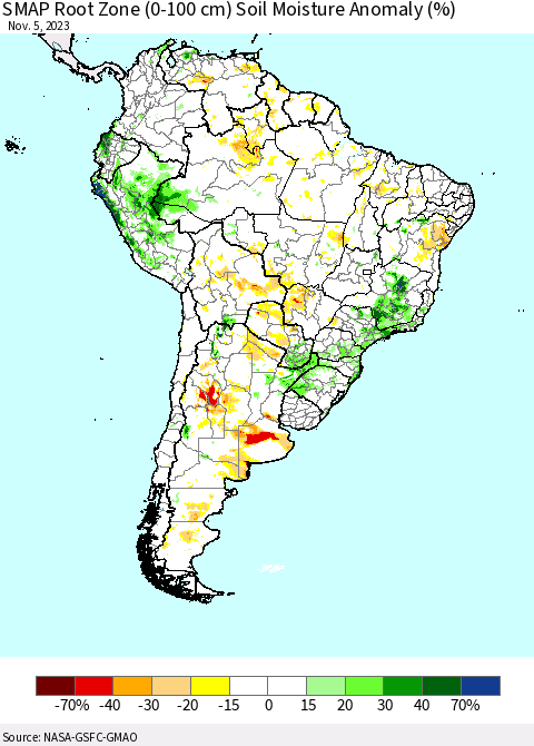 South America SMAP Root Zone (0-100 cm) Soil Moisture Anomaly (%) Thematic Map For 11/1/2023 - 11/5/2023