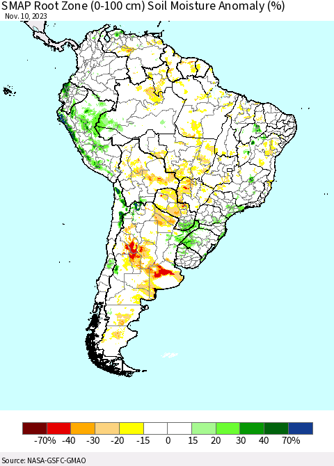 South America SMAP Root Zone (0-100 cm) Soil Moisture Anomaly (%) Thematic Map For 11/6/2023 - 11/10/2023