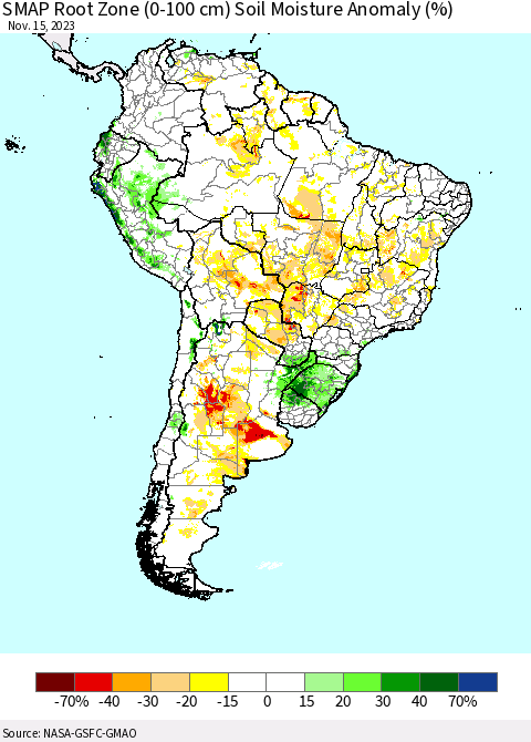 South America SMAP Root Zone (0-100 cm) Soil Moisture Anomaly (%) Thematic Map For 11/11/2023 - 11/15/2023