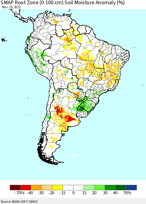 South America SMAP Root Zone (0-100 cm) Soil Moisture Anomaly (%) Thematic Map For 11/21/2023 - 11/25/2023