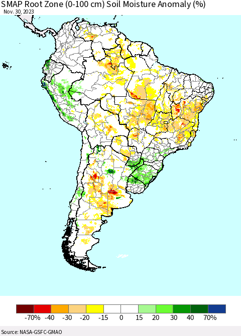 South America SMAP Root Zone (0-100 cm) Soil Moisture Anomaly (%) Thematic Map For 11/26/2023 - 11/30/2023