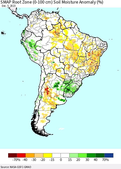 South America SMAP Root Zone (0-100 cm) Soil Moisture Anomaly (%) Thematic Map For 12/1/2023 - 12/5/2023