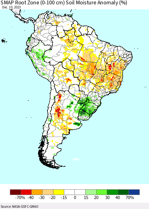 South America SMAP Root Zone (0-100 cm) Soil Moisture Anomaly (%) Thematic Map For 12/6/2023 - 12/10/2023