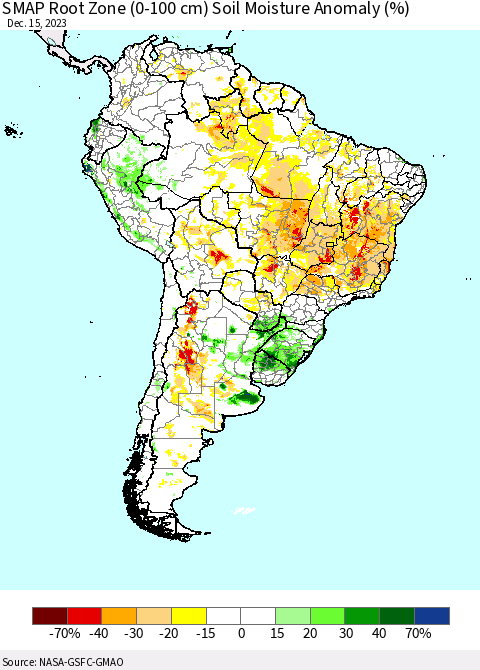 South America SMAP Root Zone (0-100 cm) Soil Moisture Anomaly (%) Thematic Map For 12/11/2023 - 12/15/2023