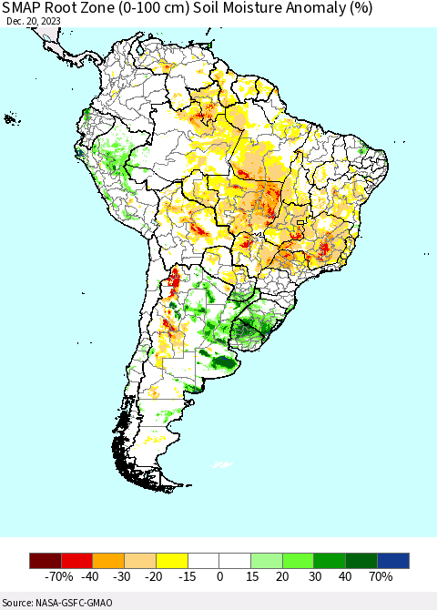 South America SMAP Root Zone (0-100 cm) Soil Moisture Anomaly (%) Thematic Map For 12/16/2023 - 12/20/2023