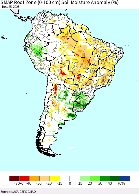 South America SMAP Root Zone (0-100 cm) Soil Moisture Anomaly (%) Thematic Map For 12/21/2023 - 12/25/2023