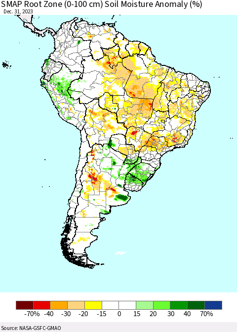 South America SMAP Root Zone (0-100 cm) Soil Moisture Anomaly (%) Thematic Map For 12/26/2023 - 12/31/2023