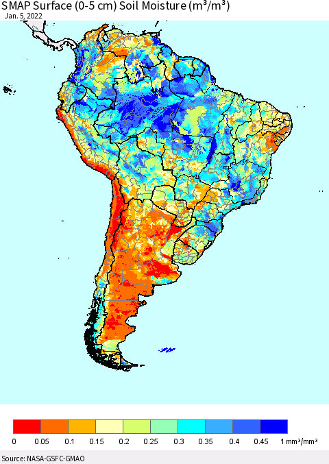 South America SMAP Surface (0-5 cm) Soil Moisture (m³/m³) Thematic Map For 1/1/2022 - 1/5/2022