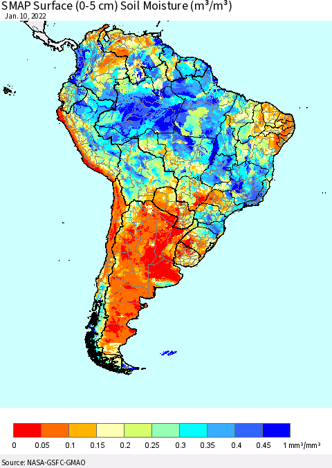 South America SMAP Surface (0-5 cm) Soil Moisture (m³/m³) Thematic Map For 1/6/2022 - 1/10/2022