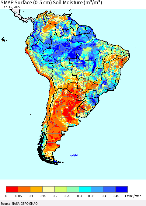 South America SMAP Surface (0-5 cm) Soil Moisture (m³/m³) Thematic Map For 1/11/2022 - 1/15/2022
