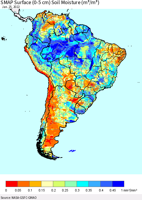 South America SMAP Surface (0-5 cm) Soil Moisture (m³/m³) Thematic Map For 1/21/2022 - 1/25/2022