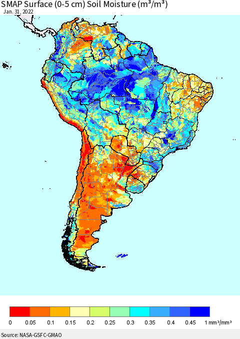 South America SMAP Surface (0-5 cm) Soil Moisture (m³/m³) Thematic Map For 1/26/2022 - 1/31/2022