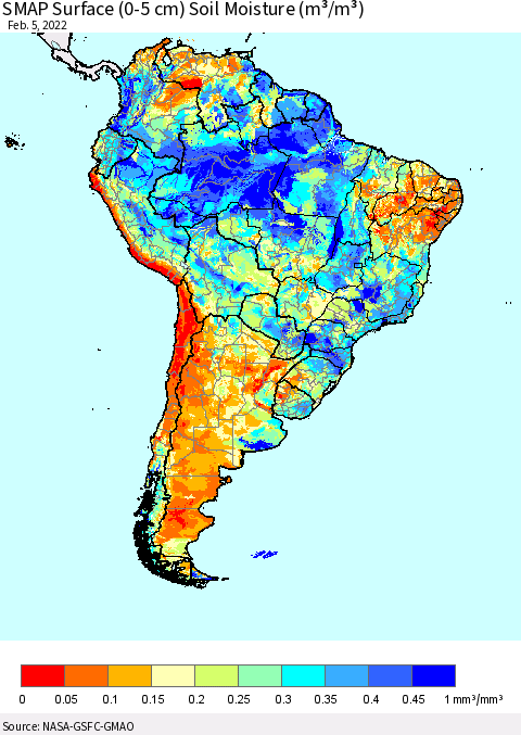 South America SMAP Surface (0-5 cm) Soil Moisture (m³/m³) Thematic Map For 2/1/2022 - 2/5/2022