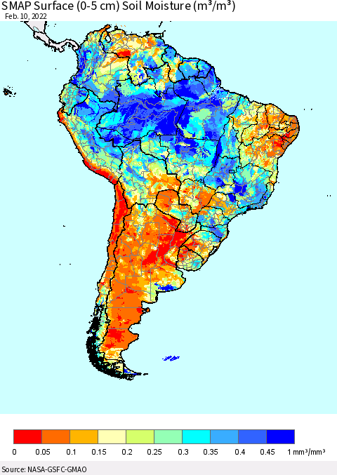 South America SMAP Surface (0-5 cm) Soil Moisture (m³/m³) Thematic Map For 2/6/2022 - 2/10/2022