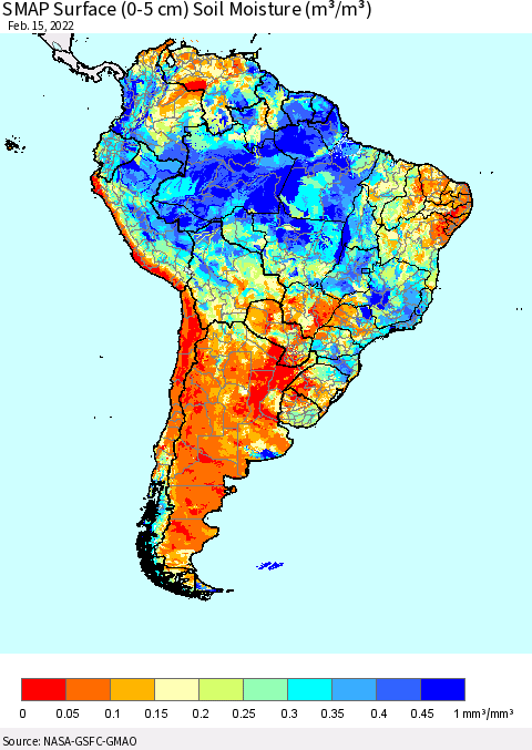 South America SMAP Surface (0-5 cm) Soil Moisture (m³/m³) Thematic Map For 2/11/2022 - 2/15/2022