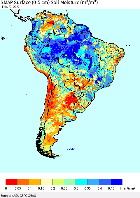 South America SMAP Surface (0-5 cm) Soil Moisture (m³/m³) Thematic Map For 2/16/2022 - 2/20/2022