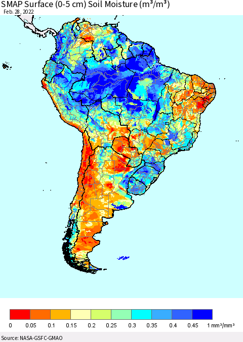 South America SMAP Surface (0-5 cm) Soil Moisture (m³/m³) Thematic Map For 2/26/2022 - 2/28/2022