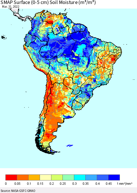 South America SMAP Surface (0-5 cm) Soil Moisture (m³/m³) Thematic Map For 3/26/2022 - 3/31/2022