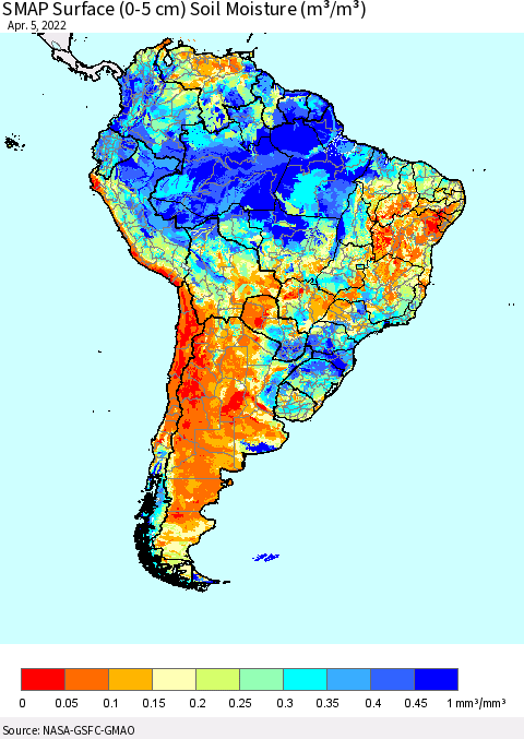 South America SMAP Surface (0-5 cm) Soil Moisture (m³/m³) Thematic Map For 4/1/2022 - 4/5/2022