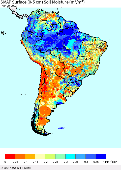 South America SMAP Surface (0-5 cm) Soil Moisture (m³/m³) Thematic Map For 4/16/2022 - 4/20/2022