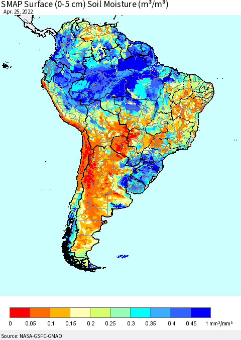 South America SMAP Surface (0-5 cm) Soil Moisture (m³/m³) Thematic Map For 4/21/2022 - 4/25/2022