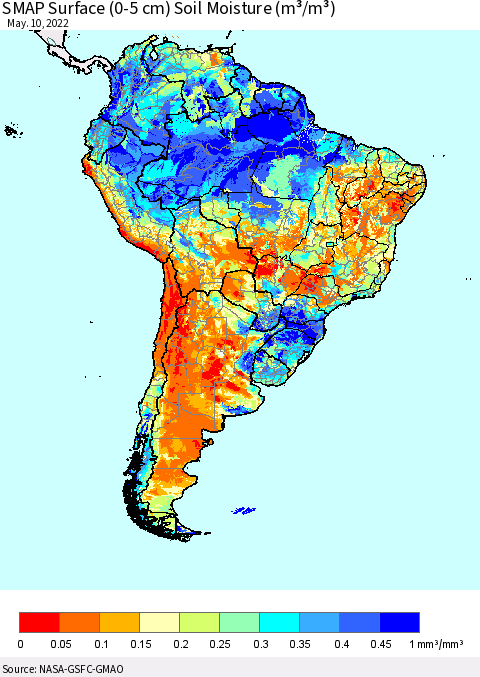 South America SMAP Surface (0-5 cm) Soil Moisture (m³/m³) Thematic Map For 5/6/2022 - 5/10/2022