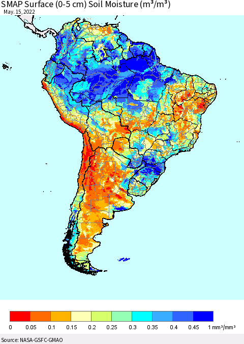 South America SMAP Surface (0-5 cm) Soil Moisture (m³/m³) Thematic Map For 5/11/2022 - 5/15/2022