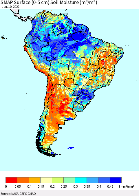 South America SMAP Surface (0-5 cm) Soil Moisture (m³/m³) Thematic Map For 6/6/2022 - 6/10/2022
