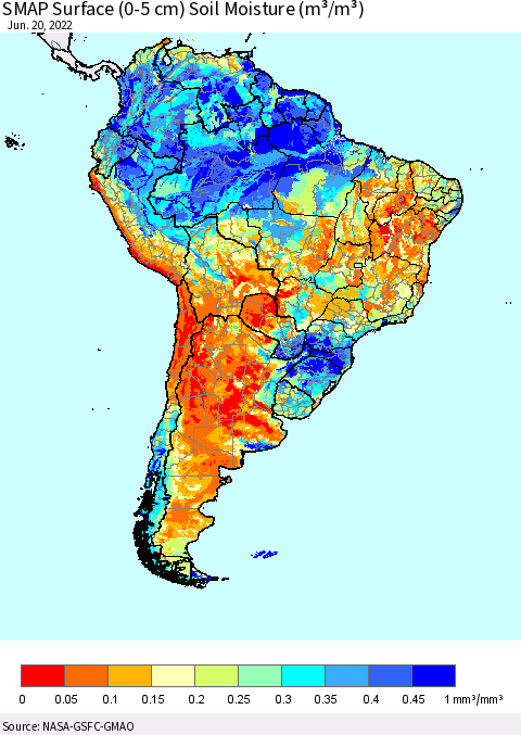 South America SMAP Surface (0-5 cm) Soil Moisture (m³/m³) Thematic Map For 6/16/2022 - 6/20/2022
