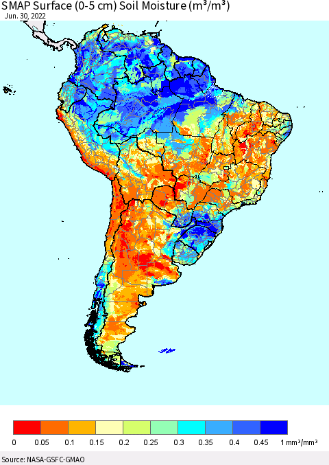 South America SMAP Surface (0-5 cm) Soil Moisture (m³/m³) Thematic Map For 6/26/2022 - 6/30/2022